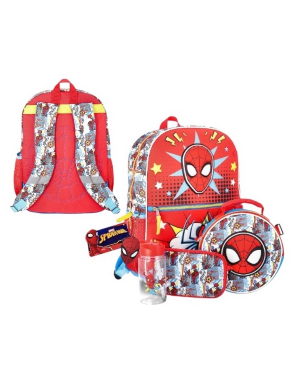 Marvel Spiderman 17” Backpack, Lunch Bag, Zip Case, Keychain and Water Bottle